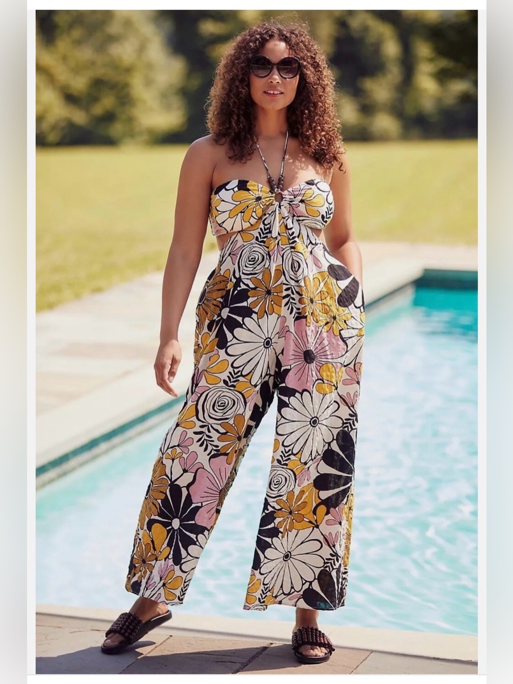 Parrott Paints for Anthropologie Beaded Wide Leg Jumpsuit 2X Retro Mod Floral
